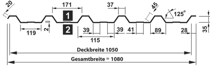 Querschnitt des in 0,50 mm starken Stahlblech hergestellten Trapezblech T-35DR/1050